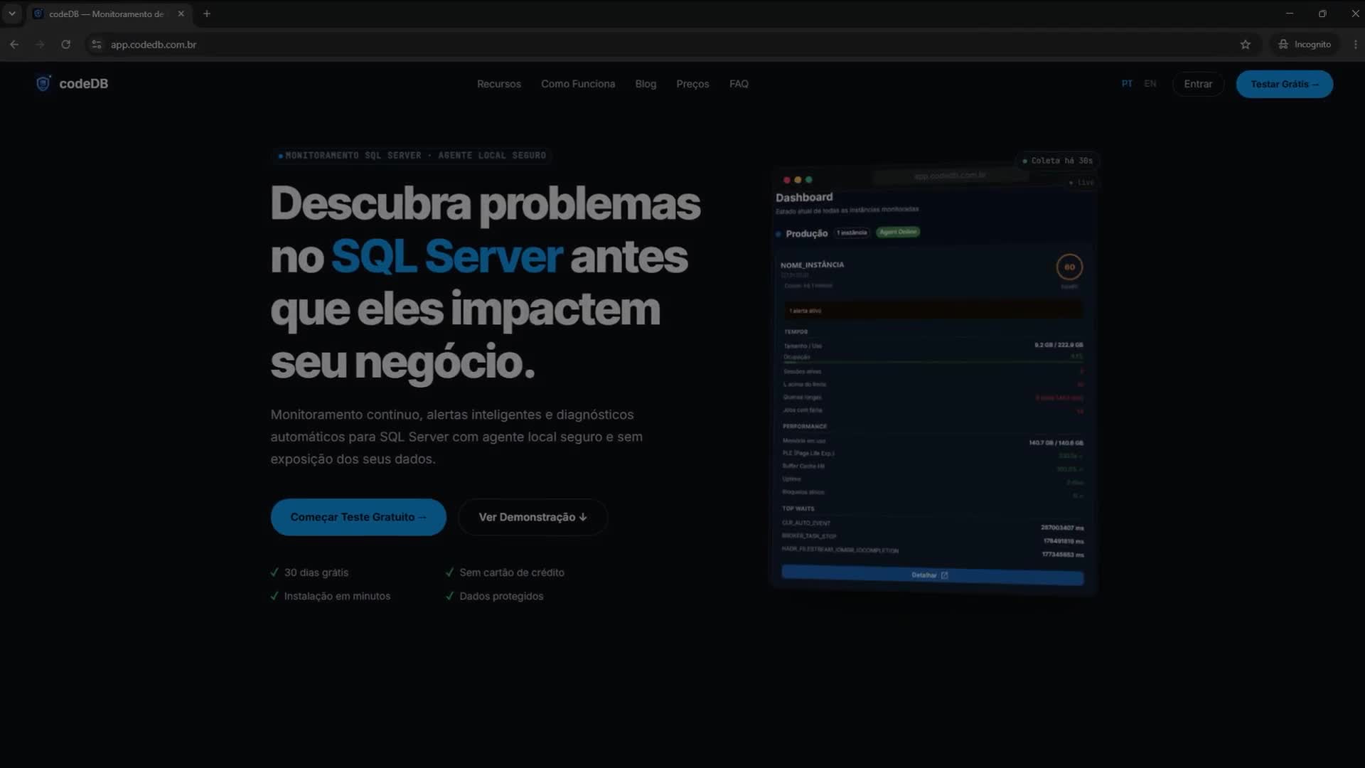 Dashboard codeDB — visão geral de saúde do ambiente SQL Server